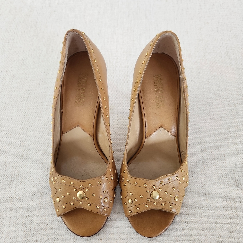 Michael Kors Tan Brown Leather Studded Stiletto Heels Size 6 Open Toe